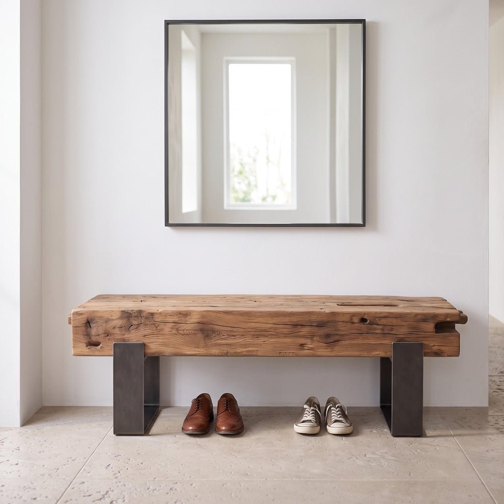 Maßgefertigte Bank aus antiker Eiche und Stahl in einer dekorierten Fluransicht