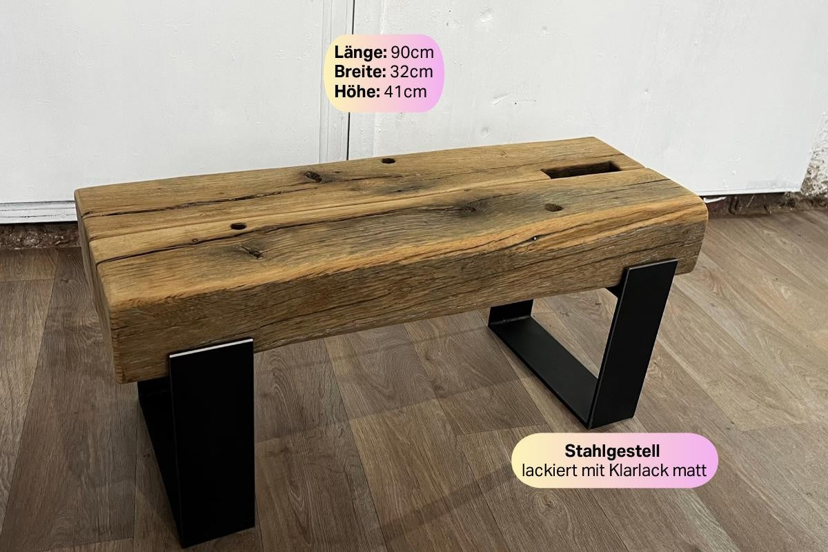 Maßübersicht der Eichenbalkenbank: 90 cm Länge, 32 cm Tiefe und 41 cm Höhe
