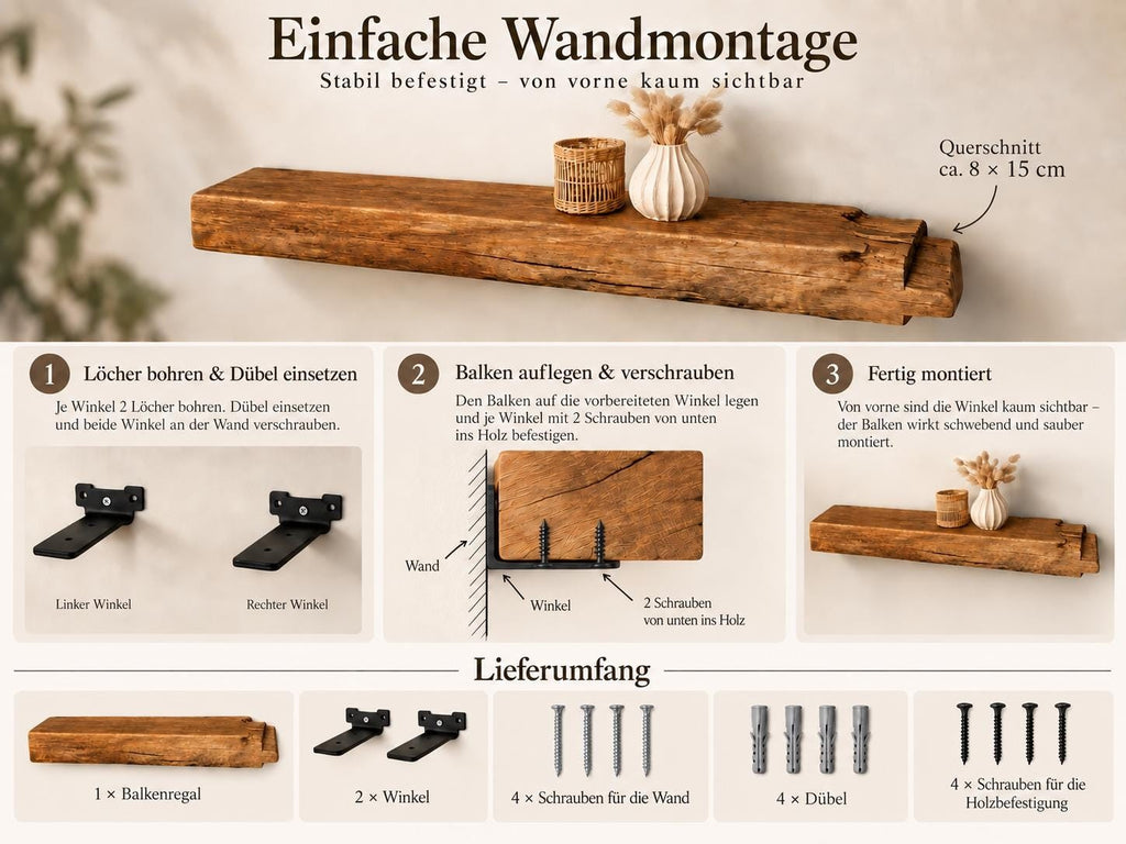 Montageübersicht für das Eichenbalken-Wandregal mit zwei schwarzen Stahlwinkeln und Befestigungsmitteln